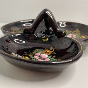 Vintage Hand Painted Moriage Redware Divided Candy Nut Dish Made In Japan